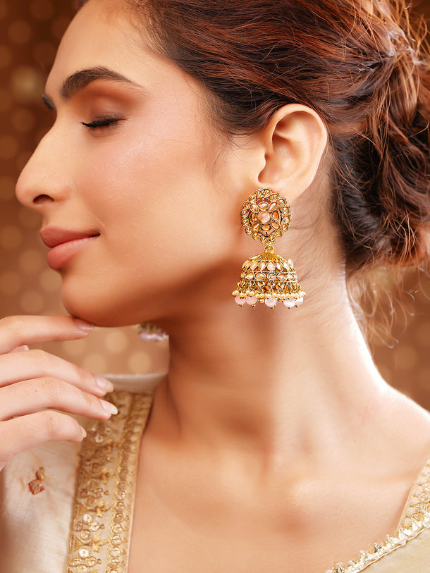 Antique Gold Plated Pastel Pink Kundan Pearl Jhumka Earrings