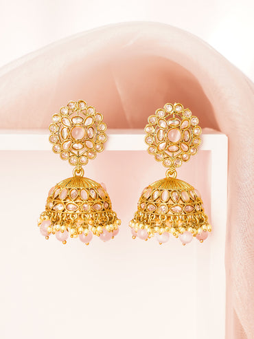 Antique Gold Plated Pastel Pink Kundan Pearl Jhumka Earrings