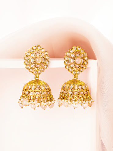 Antique Gold Plated Pastel Pink Kundan Pearl Jhumka Earrings