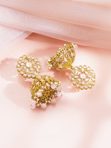 Antique Gold Plated Pastel Pink Kundan Pearl Jhumka Earrings