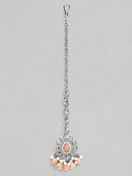 Rubans Silver Plated Handcrafted Kundan White & Peach Beads Maangtika