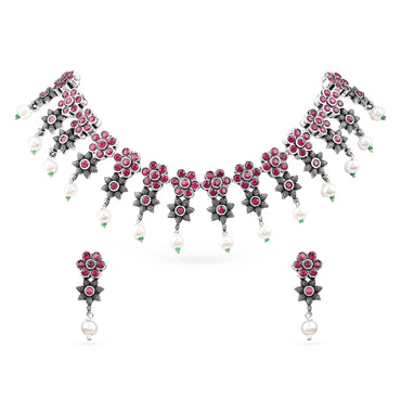 Rubans Oxidised Silver Plated Embellished With Faux Ruby Floral Necklace Set