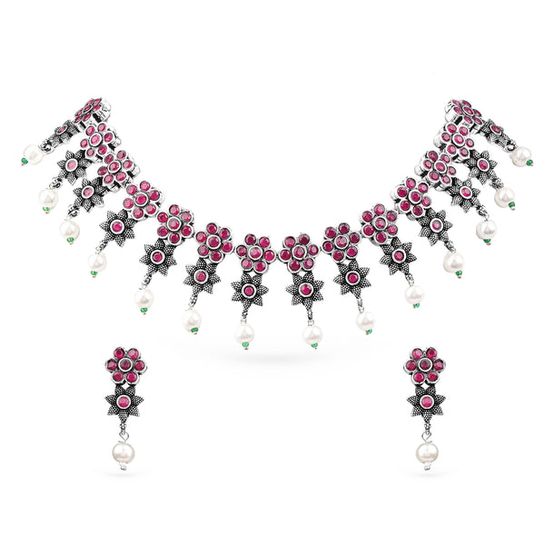 Rubans Oxidised Silver Plated Embellished With Faux Ruby Floral Necklace Set