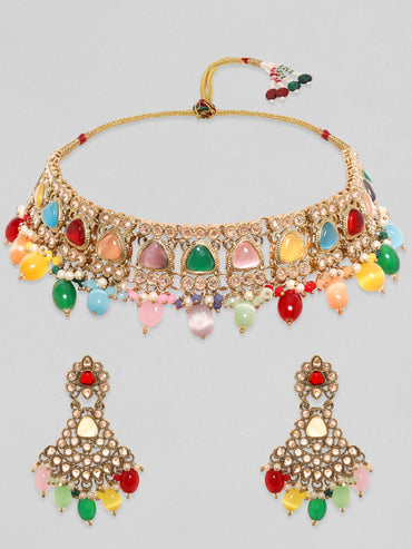 Rubans Gold Plated Handcrafted Multicolored Beads Necklace Set