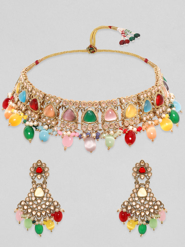 Rubans Gold Plated Handcrafted Multicolored Beads Necklace Set
