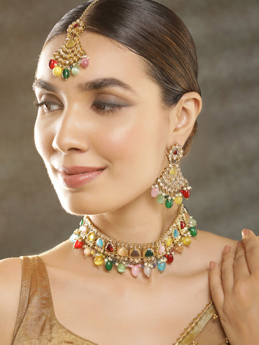 Rubans Gold Plated Handcrafted Multicolored Beads Necklace Set