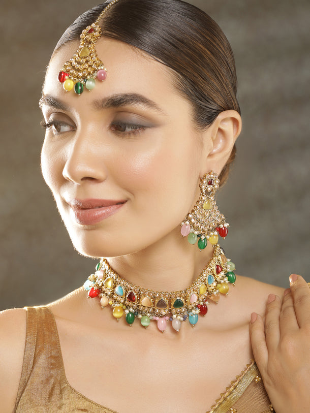 Rubans Gold Plated Handcrafted Multicolored Beads Necklace Set