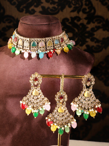 Rubans Gold Plated Handcrafted Multicolored Beads Necklace Set