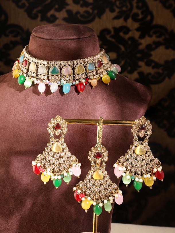 Rubans Gold Plated Handcrafted Multicolored Beads Necklace Set