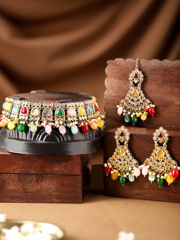 Rubans Gold Plated Handcrafted Multicolored Beads Necklace Set