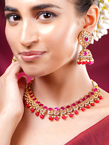 Gold Plated Pearl Beaded Floral Pink Necklace Set With Maangtikka