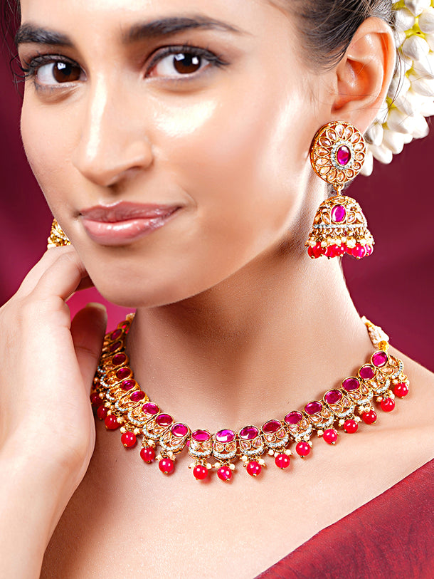 Gold Plated Pearl Beaded Floral Pink Necklace Set With Maangtikka