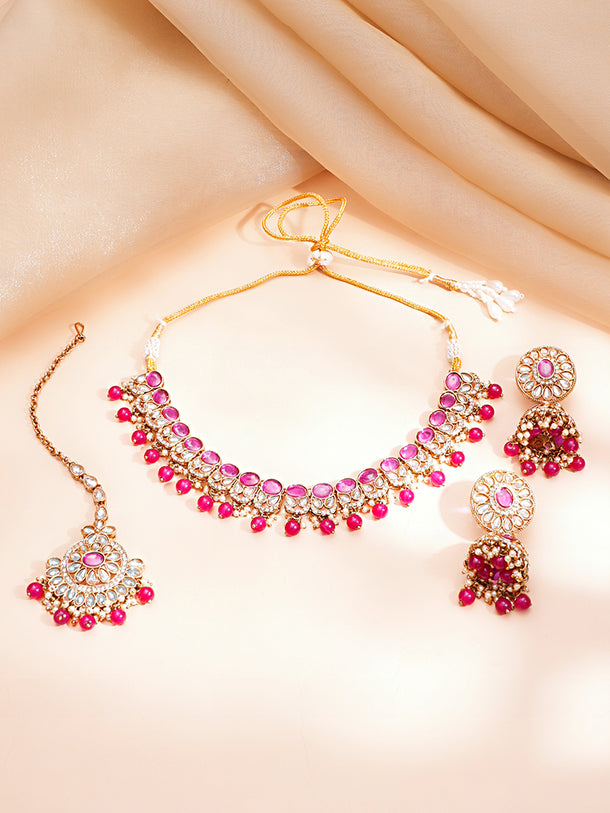 Gold Plated Pearl Beaded Floral Pink Necklace Set With Maangtikka
