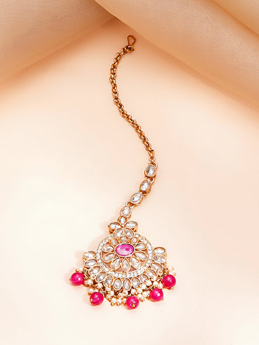 Gold Plated Pearl Beaded Floral Pink Necklace Set With Maangtikka