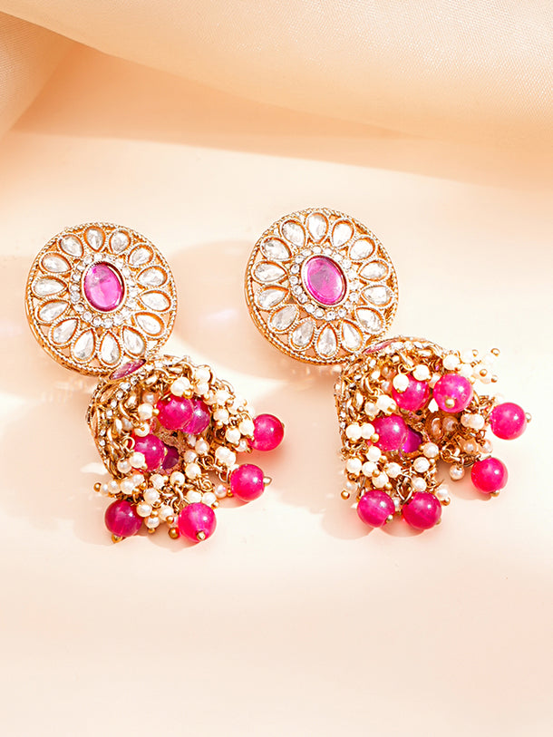 Gold Plated Pearl Beaded Floral Pink Necklace Set With Maangtikka