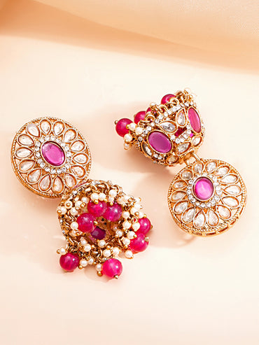 Gold Plated Pearl Beaded Floral Pink Necklace Set With Maangtikka
