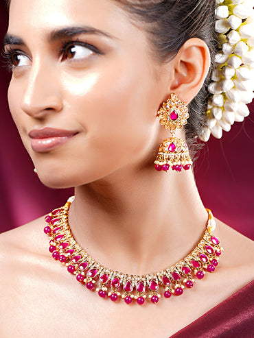 Gold Plated Ruby Pink Studded Pearl Beaded Necklace Set With Maangtikka