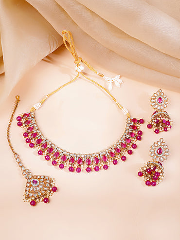 Gold Plated Ruby Pink Studded Pearl Beaded Necklace Set With Maangtikka