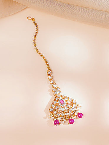 Gold Plated Ruby Pink Studded Pearl Beaded Necklace Set With Maangtikka