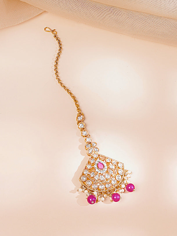Gold Plated Ruby Pink Studded Pearl Beaded Necklace Set With Maangtikka