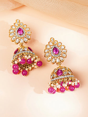 Gold Plated Ruby Pink Studded Pearl Beaded Necklace Set With Maangtikka