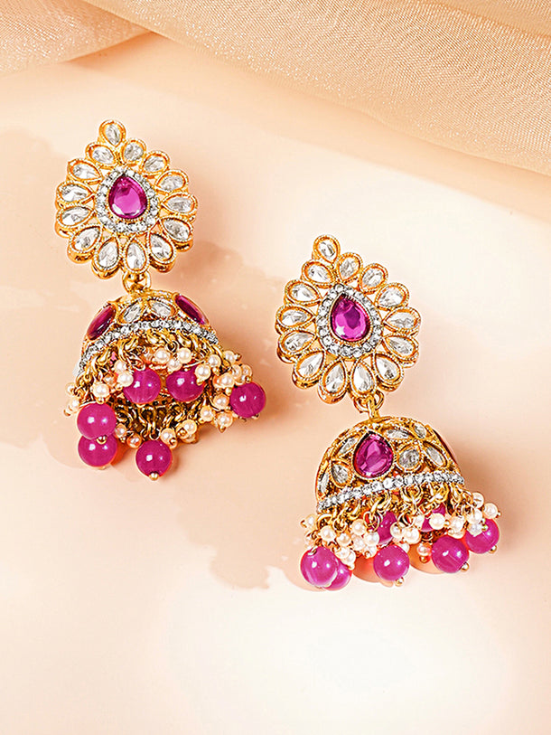 Gold Plated Ruby Pink Studded Pearl Beaded Necklace Set With Maangtikka