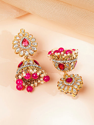 Gold Plated Ruby Pink Studded Pearl Beaded Necklace Set With Maangtikka