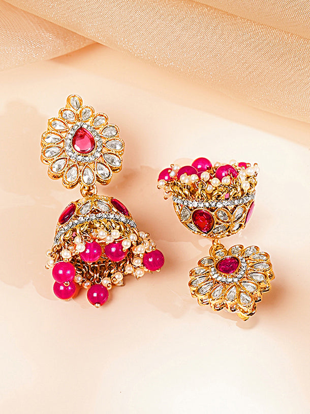 Gold Plated Ruby Pink Studded Pearl Beaded Necklace Set With Maangtikka