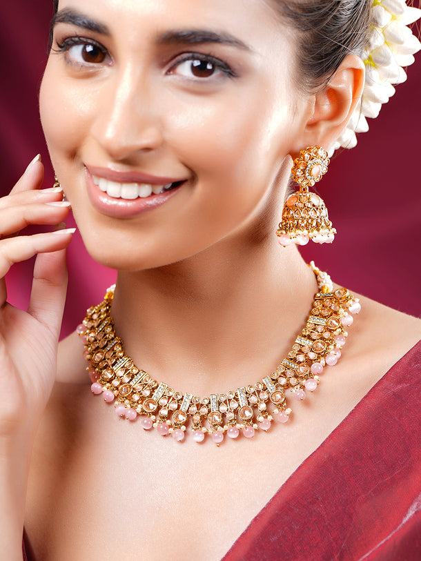 Gold Plated Kundan Pink Beaded Necklace Set