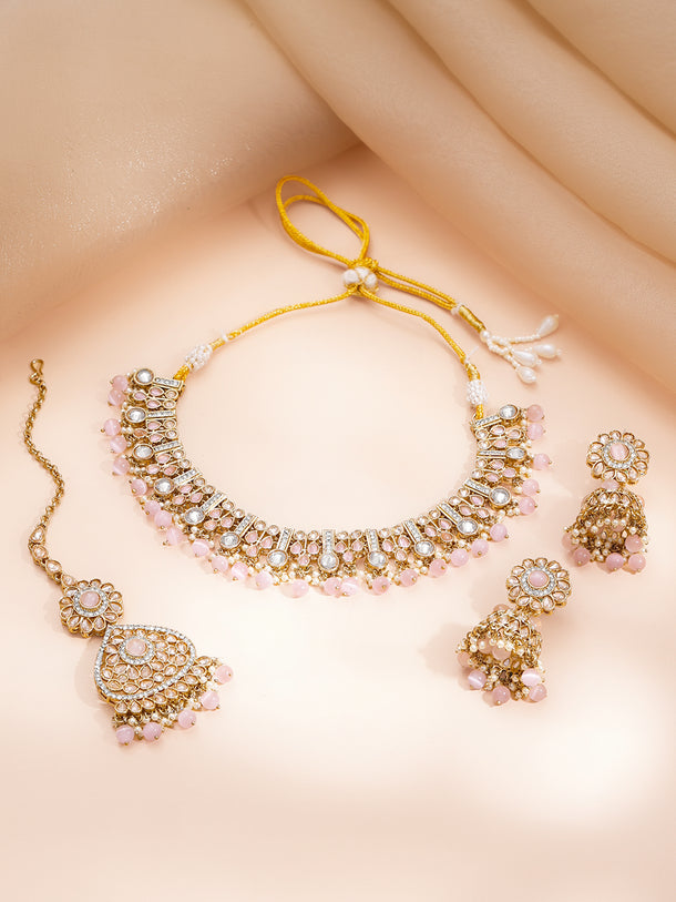 Gold Plated Kundan Pink Beaded Necklace Set