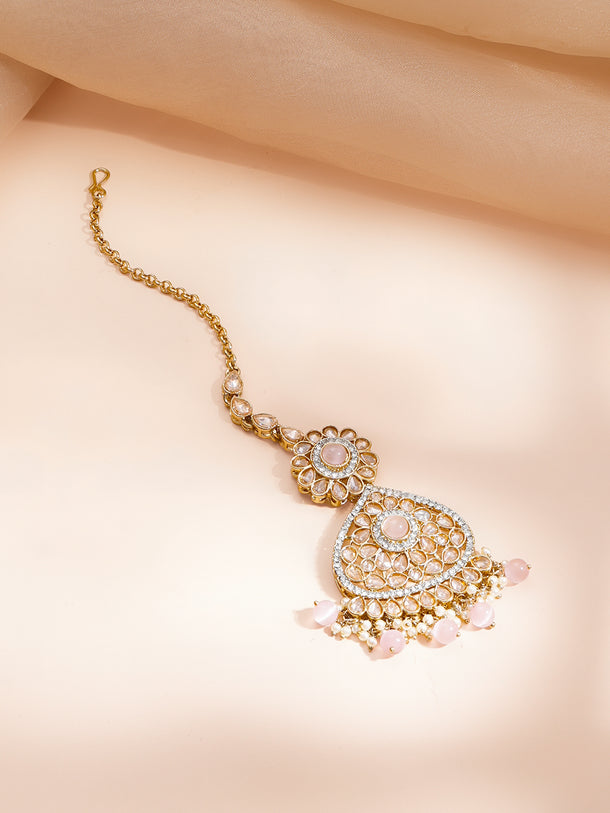 Gold Plated Kundan Pink Beaded Necklace Set
