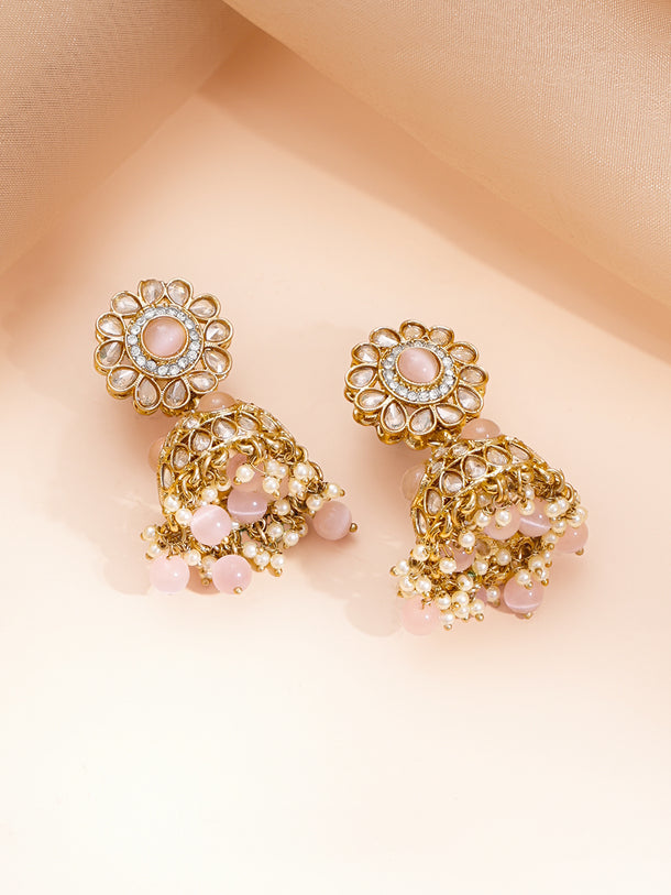 Gold Plated Kundan Pink Beaded Necklace Set