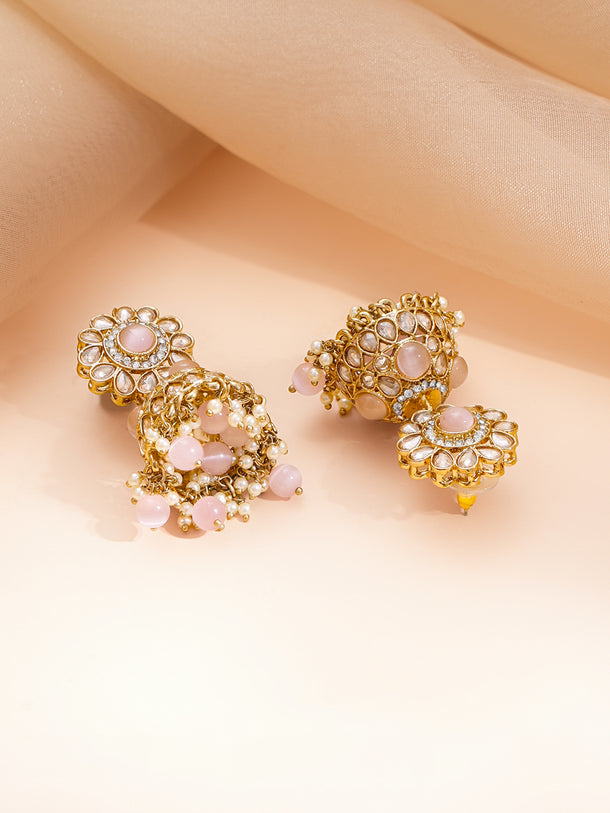Gold Plated Kundan Pink Beaded Necklace Set