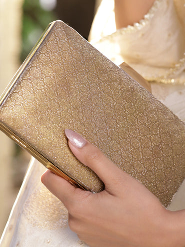 Rubans Gold-Toned Embossed Pattern Box Clutch with Metallic Frame & Snap Closure