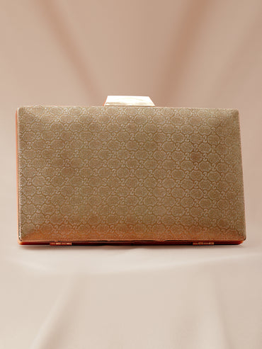 Rubans Gold-Toned Embossed Pattern Box Clutch with Metallic Frame & Snap Closure