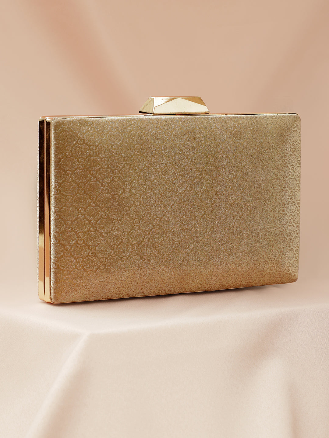Rubans Gold-Toned Embossed Pattern Box Clutch with Metallic Frame & Snap Closure