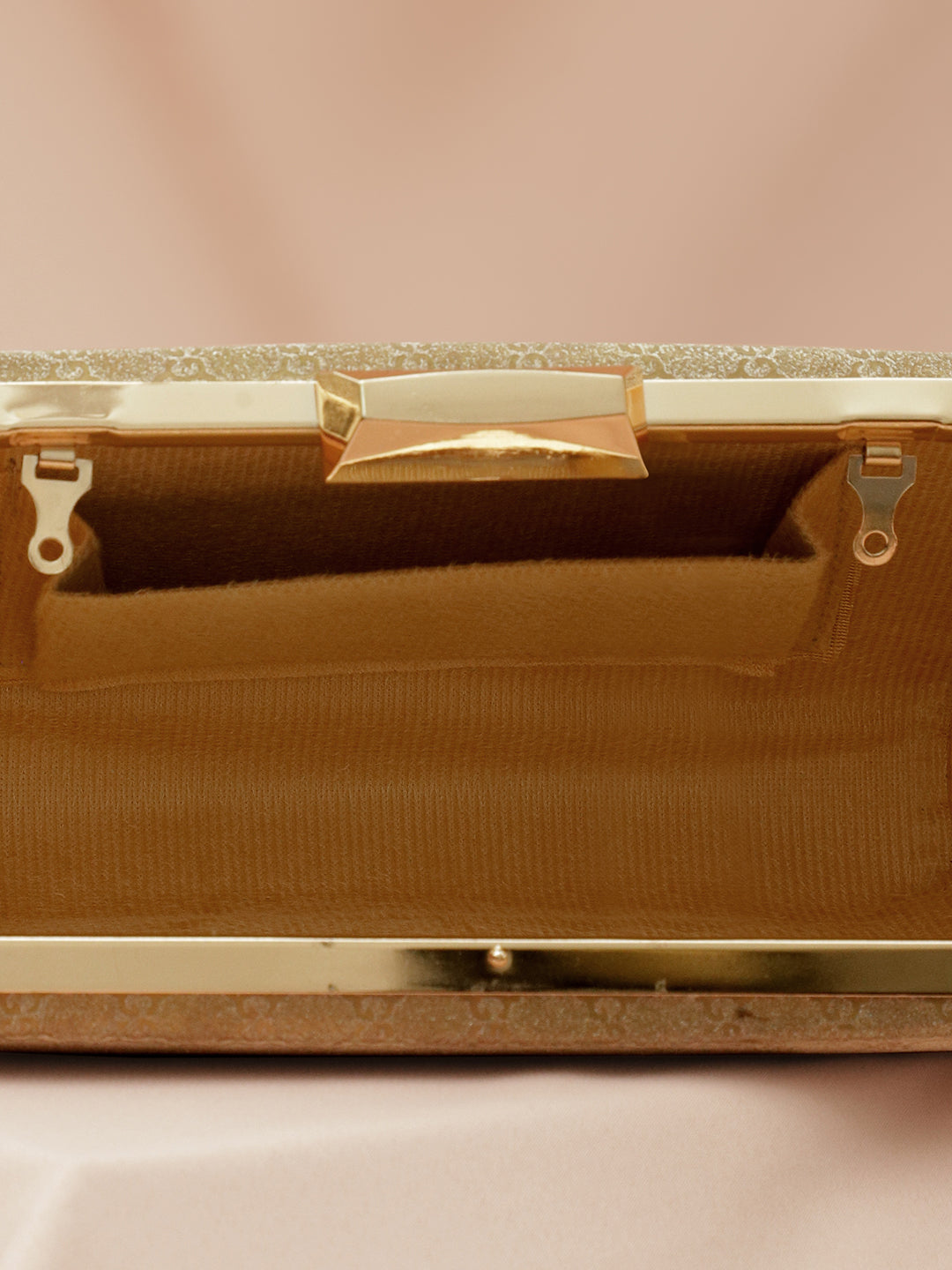 Rubans Gold-Toned Embossed Pattern Box Clutch with Metallic Frame & Snap Closure