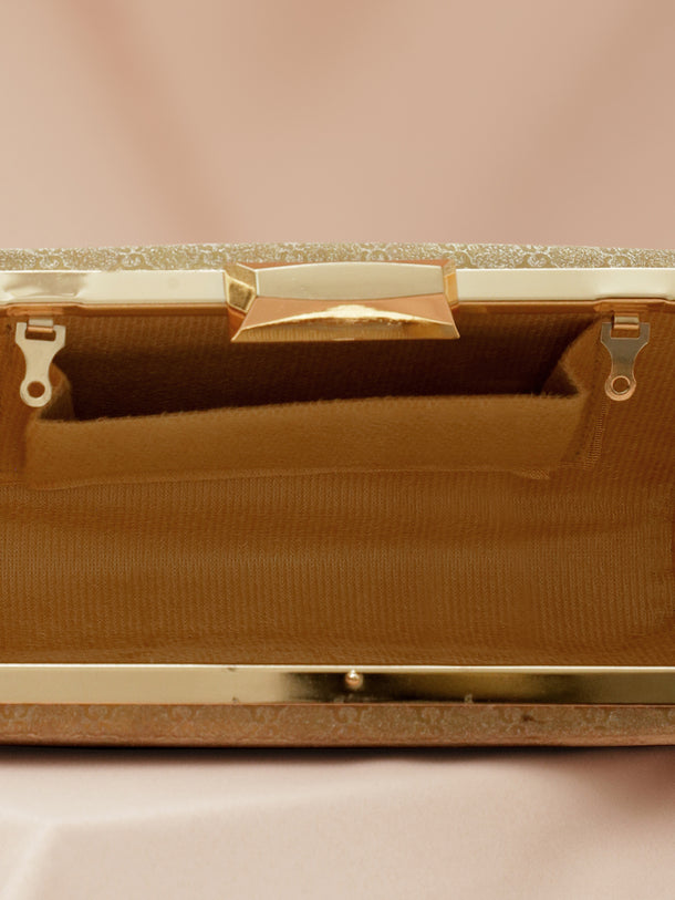 Rubans Gold-Toned Embossed Pattern Box Clutch with Metallic Frame & Snap Closure