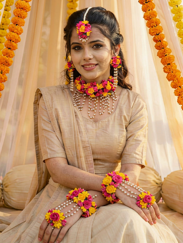 Gold Plated Pearl Beaded Pink & Yellow FLoral Choker Necklace Set With Maangtikka & Hathphool