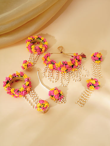 Gold Plated Pearl Beaded Pink & Yellow FLoral Choker Necklace Set With Maangtikka & Hathphool