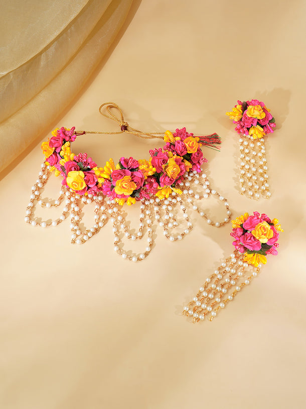 Gold Plated Pearl Beaded Pink & Yellow FLoral Choker Necklace Set With Maangtikka & Hathphool