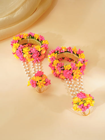 Gold Plated Pearl Beaded Pink & Yellow FLoral Choker Necklace Set With Maangtikka & Hathphool