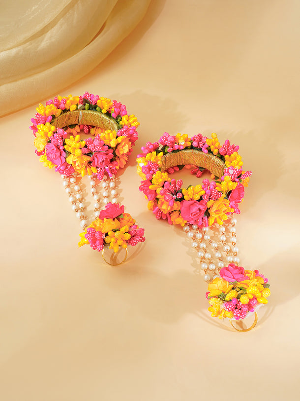 Gold Plated Pearl Beaded Pink & Yellow FLoral Choker Necklace Set With Maangtikka & Hathphool