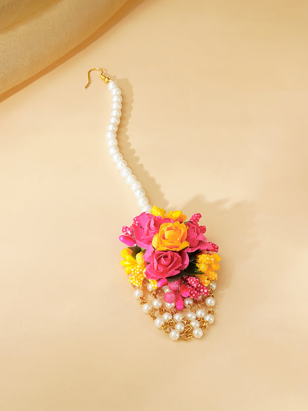 Gold Plated Pearl Beaded Pink & Yellow FLoral Choker Necklace Set With Maangtikka & Hathphool