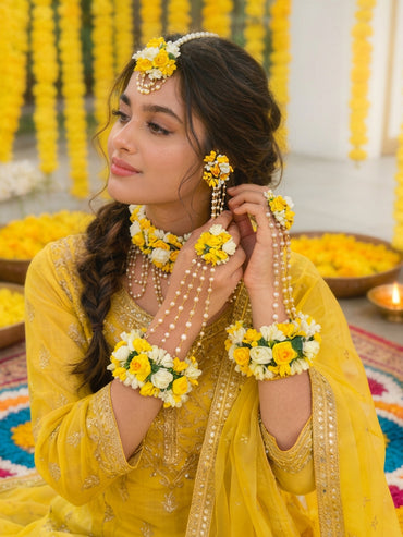 Gold Plated Pearl Beaded Yellow & White Floral Choker Necklace Set With Maangtikka & Hathphool