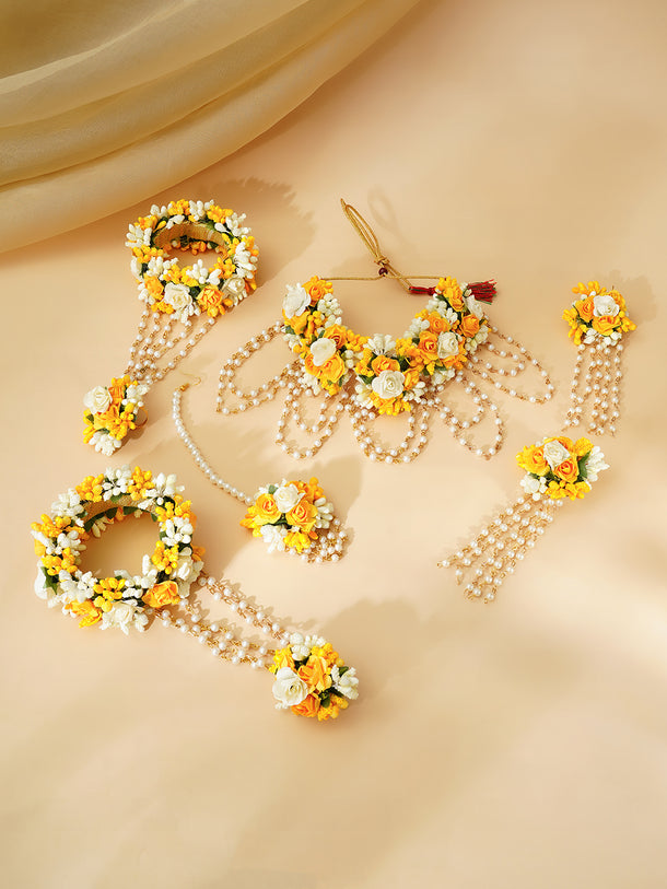 Gold Plated Pearl Beaded Yellow & White Floral Choker Necklace Set With Maangtikka & Hathphool