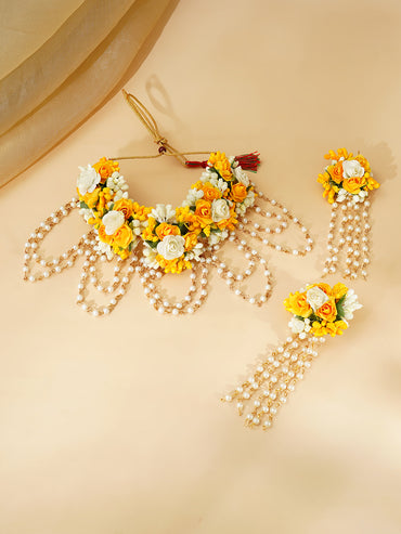 Gold Plated Pearl Beaded Yellow & White Floral Choker Necklace Set With Maangtikka & Hathphool