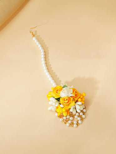 Gold Plated Pearl Beaded Yellow & White Floral Choker Necklace Set With Maangtikka & Hathphool