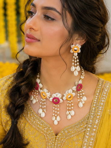 Gold Plated Pearl Beaded Shell Drop Pink & Yellow Floral Necklace Set With Maangtikka & Hathphool