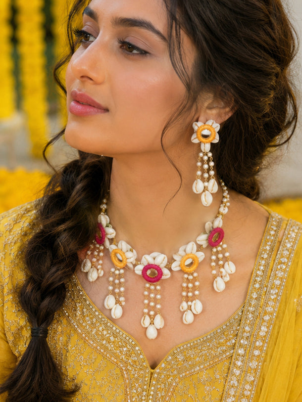 Gold Plated Pearl Beaded Shell Drop Pink & Yellow Floral Necklace Set With Maangtikka & Hathphool
